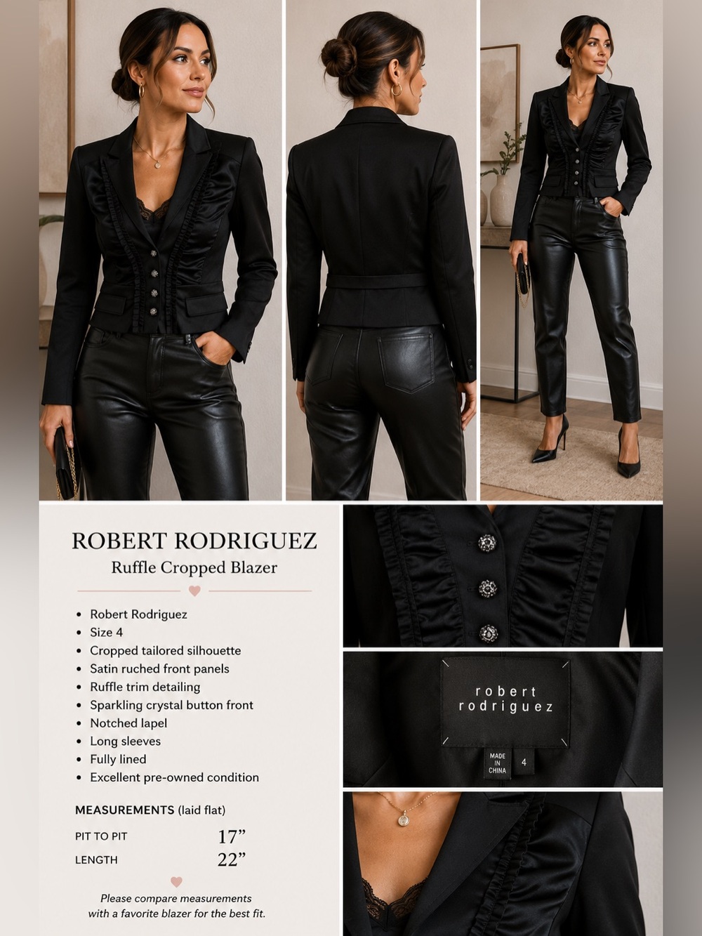 Robert Rodriguez Black Ruffle Cropped Blazer Jacket Crystal Button Size 4